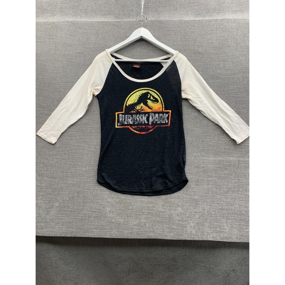 Jurassic Park T-Shirt Womens Large Black White Graphic Raglan Sleeve Pullover